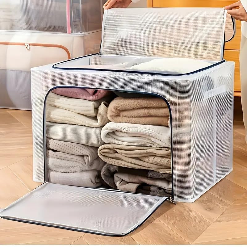 66L Large Capacity Clothes Storage Bag - Foldable Transparent Organizer, Carry Handles, and Sturdy Zipper for Bedding, Blankets, and Clothes - Stackable Under-Bed Storage