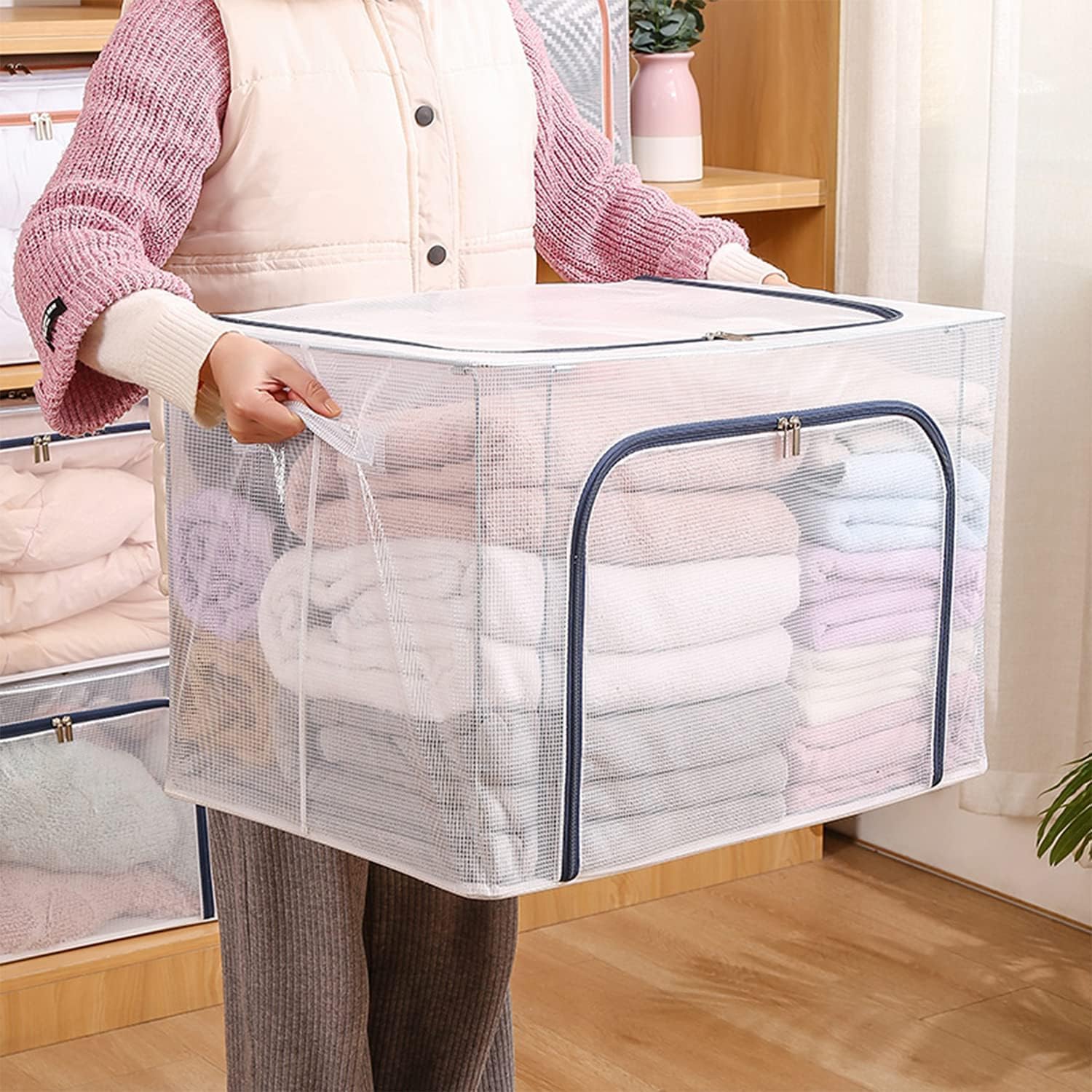 66L Large Capacity Clothes Storage Bag - Foldable Transparent Organizer, Carry Handles, and Sturdy Zipper for Bedding, Blankets, and Clothes - Stackable Under-Bed Storage Secondary image