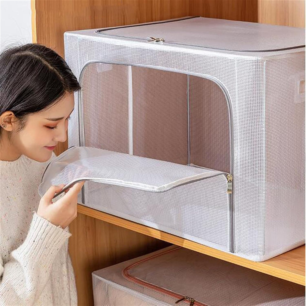 66L Large Capacity Clothes Storage Bag - Foldable Transparent Organizer, Carry Handles, and Sturdy Zipper for Bedding, Blankets, and Clothes - Stackable Under-Bed Storage