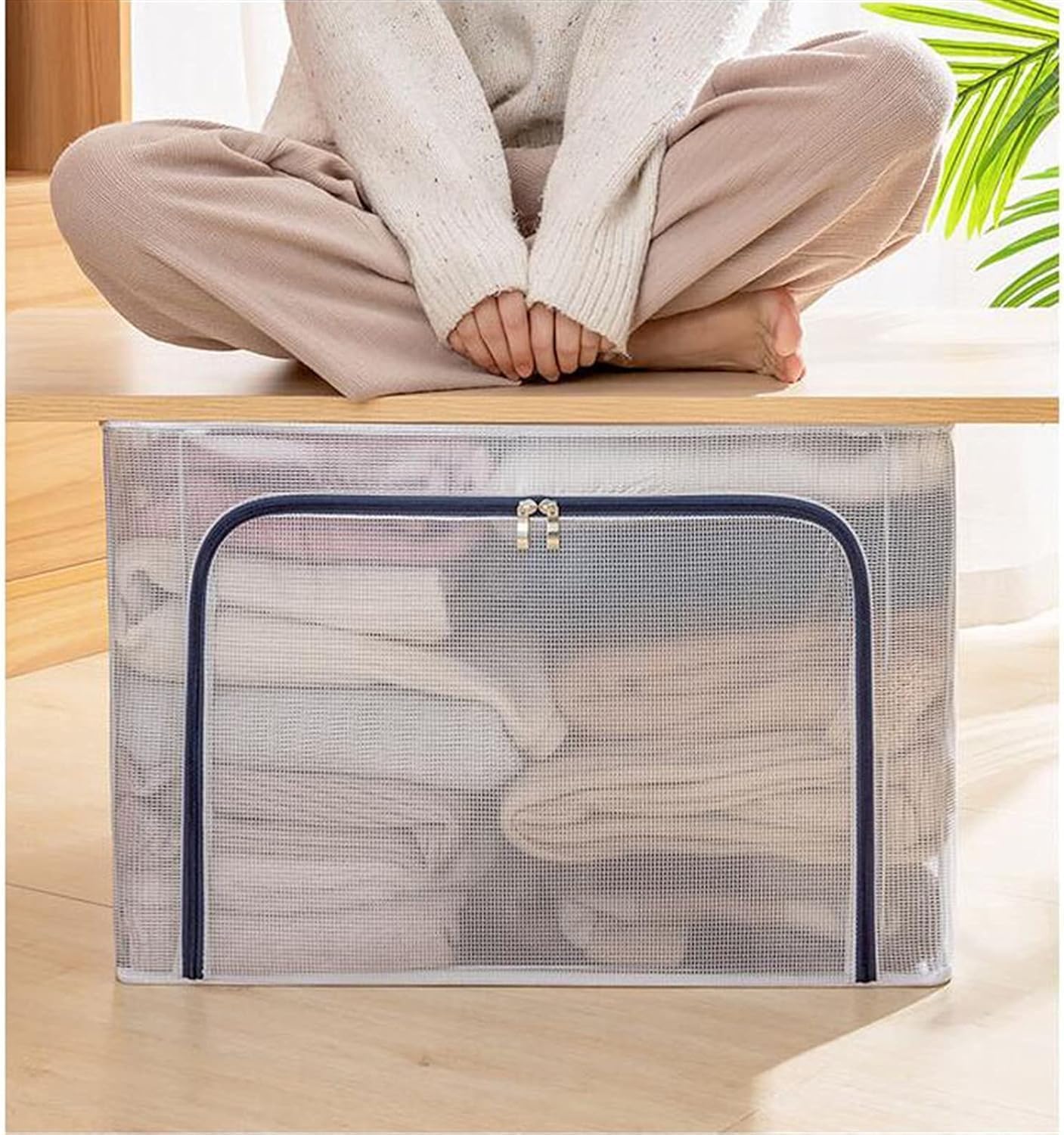 66L Large Capacity Clothes Storage Bag - Foldable Transparent Organizer, Carry Handles, and Sturdy Zipper for Bedding, Blankets, and Clothes - Stackable Under-Bed Storage