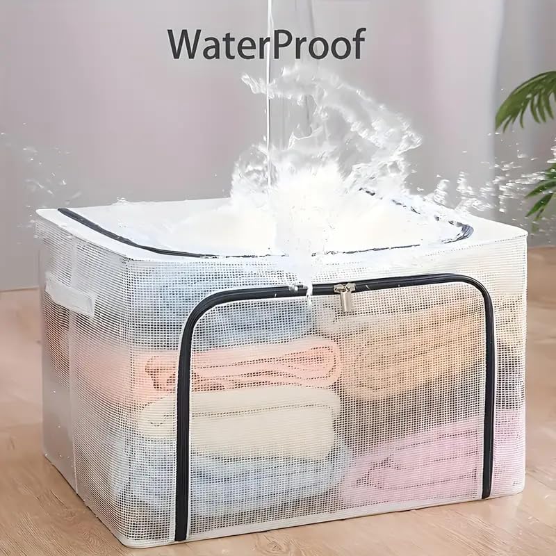66L Large Capacity Clothes Storage Bag - Foldable Transparent Organizer, Carry Handles, and Sturdy Zipper for Bedding, Blankets, and Clothes - Stackable Under-Bed Storage