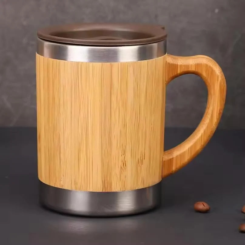 Aesthetic Coffee Mug Bamboo Minimal Design Cup with Lid Stainless Steel Inner Modern Tea Mug for Home Kitchen Decor 350 ml Secondary image