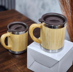 Aesthetic Coffee Mug Bamboo Minimal Design Cup with Lid Stainless Steel Inner Modern Tea Mug for Home Kitchen Decor 350 ml