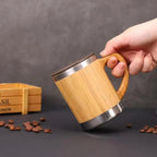 Aesthetic Coffee Mug Bamboo Minimal Design Cup with Lid Stainless Steel Inner Modern Tea Mug for Home Kitchen Decor 350 ml