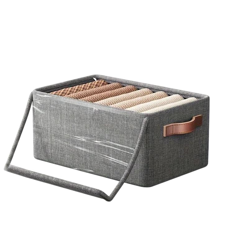 Folding Storage Box With Lid | Grey Fabric Collapsible Organizer Bin | Decorative Wardrobe Storage Container with Reinforced Handles for Toys, Clothes & Home Essentials
