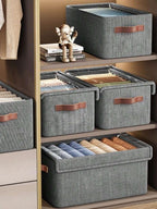 Folding Storage Box With Lid | Grey Fabric Collapsible Organizer Bin | Decorative Wardrobe Storage Container with Reinforced Handles for Toys, Clothes & Home Essentials