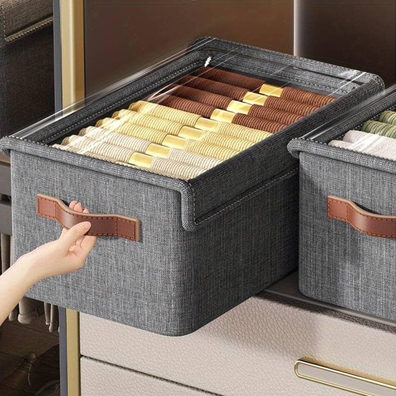 Folding Storage Box With Lid | Grey Fabric Collapsible Organizer Bin | Decorative Wardrobe Storage Container with Reinforced Handles for Toys, Clothes & Home Essentials