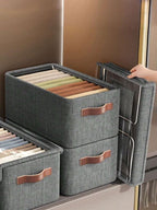 Folding Storage Box With Lid | Grey Fabric Collapsible Organizer Bin | Decorative Wardrobe Storage Container with Reinforced Handles for Toys, Clothes & Home Essentials