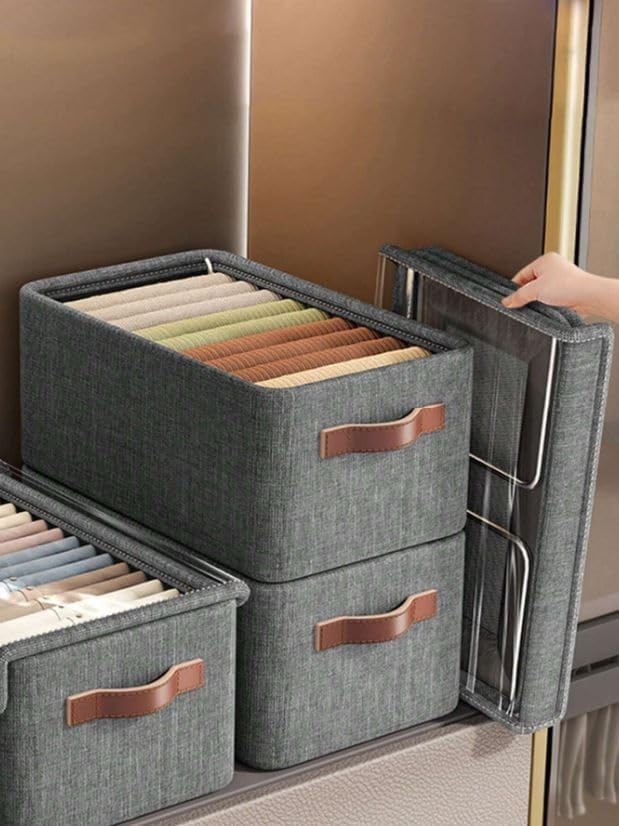 Folding Storage Box With Lid | Grey Fabric Collapsible Organizer Bin | Decorative Wardrobe Storage Container with Reinforced Handles for Toys, Clothes & Home Essentials