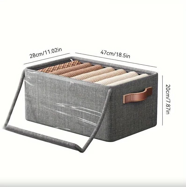 Folding Storage Box With Lid | Grey Fabric Collapsible Organizer Bin | Decorative Wardrobe Storage Container with Reinforced Handles for Toys, Clothes & Home Essentials