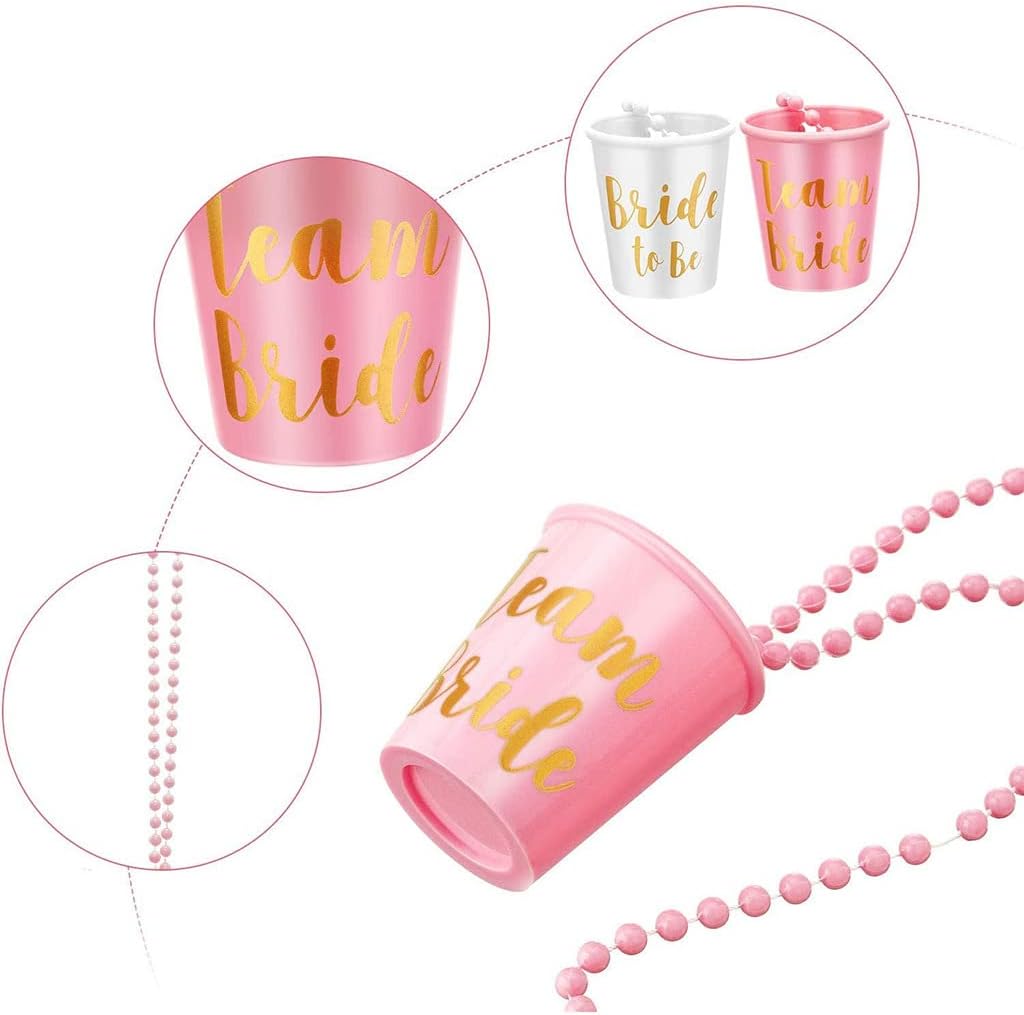 Team Bride and Bride Shot Glass, 7 Pieces Beads Bridal Snap Pink Bridal Team Shot Glasses + 1 Piece Beads Bridal Shot Glass Plastic Necklace Chain Wine Cup for Wedding Bachelorette Party Hen