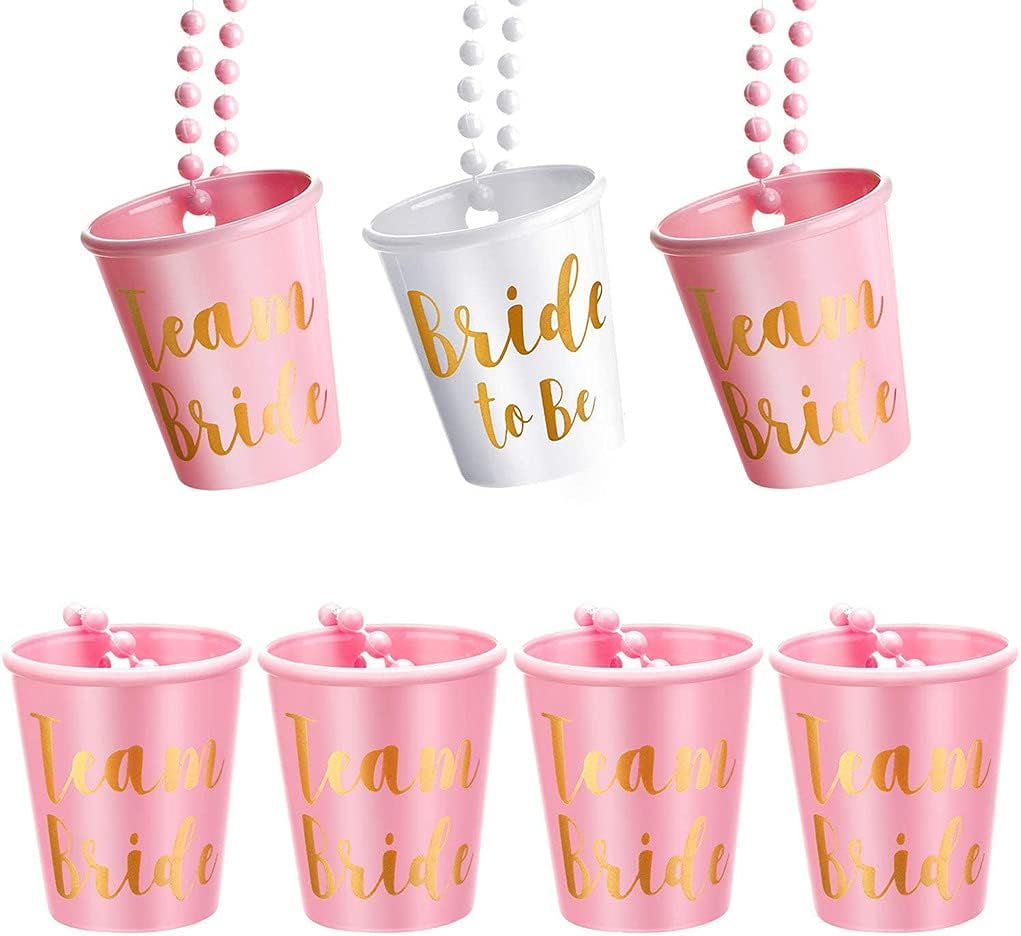 Team Bride and Bride Shot Glass, 7 Pieces Beads Bridal Snap Pink Bridal Team Shot Glasses + 1 Piece Beads Bridal Shot Glass Plastic Necklace Chain Wine Cup for Wedding Bachelorette Party Hen