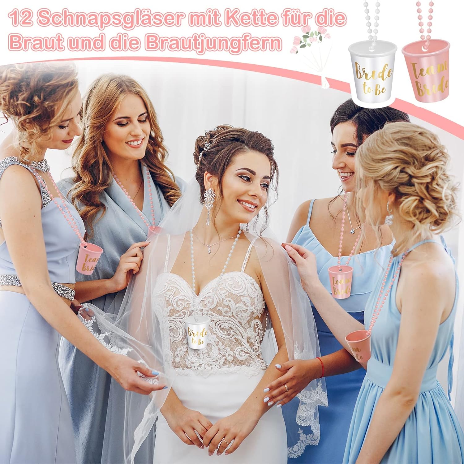 Team Bride and Bride Shot Glass, 7 Pieces Beads Bridal Snap Pink Bridal Team Shot Glasses + 1 Piece Beads Bridal Shot Glass Plastic Necklace Chain Wine Cup for Wedding Bachelorette Party Hen
