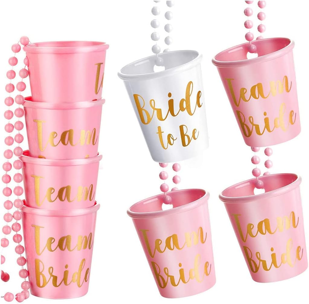 Team Bride and Bride Shot Glass, 7 Pieces Beads Bridal Snap Pink Bridal Team Shot Glasses + 1 Piece Beads Bridal Shot Glass Plastic Necklace Chain Wine Cup for Wedding Bachelorette Party Hen