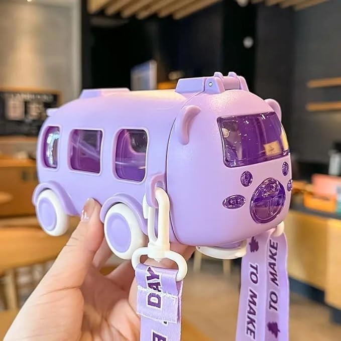 ZYOZ Bus Shape Water Bottle For Kids With Strap, Sipper, & Straw | Leak proof, Bpa Free With Lock, 500 Ml | ZYOZ Water Bottle For School Kids | Cute Bus Shaped Water Bottle For Girls & Boys(random colour)