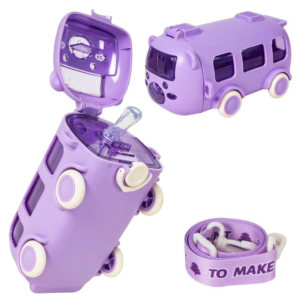 ZYOZ Bus Shape Water Bottle For Kids With Strap, Sipper, & Straw | Leak proof, Bpa Free With Lock, 500 Ml | ZYOZ Water Bottle For School Kids | Cute Bus Shaped Water Bottle For Girls & Boys(random colour)
