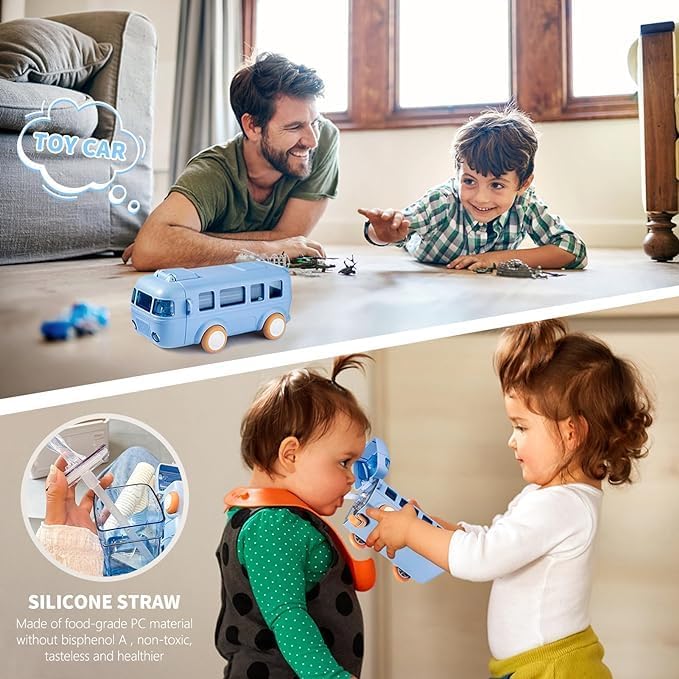ZYOZ Bus Shape Water Bottle For Kids With Strap, Sipper, & Straw | Leak proof, Bpa Free With Lock, 500 Ml | ZYOZ Water Bottle For School Kids | Cute Bus Shaped Water Bottle For Girls & Boys(random colour)