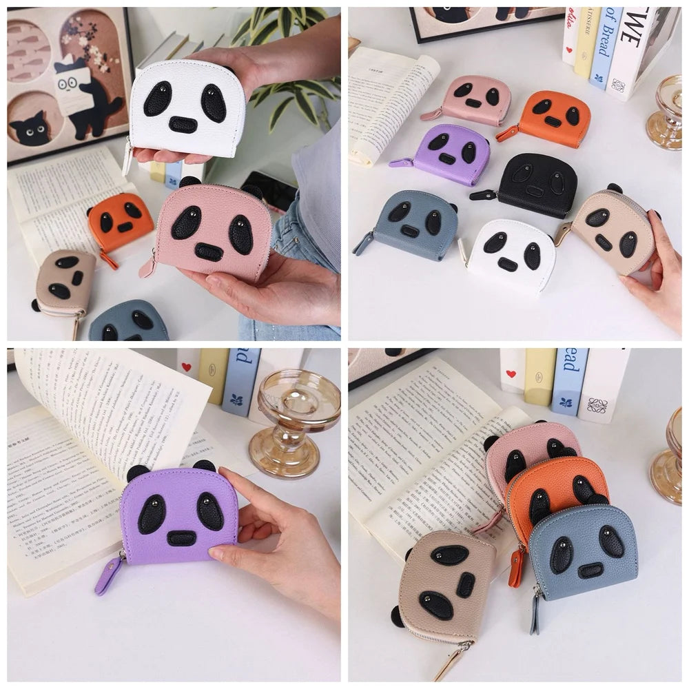 Leather Panda Card Holder Wallet with Gold Zipper, For Office