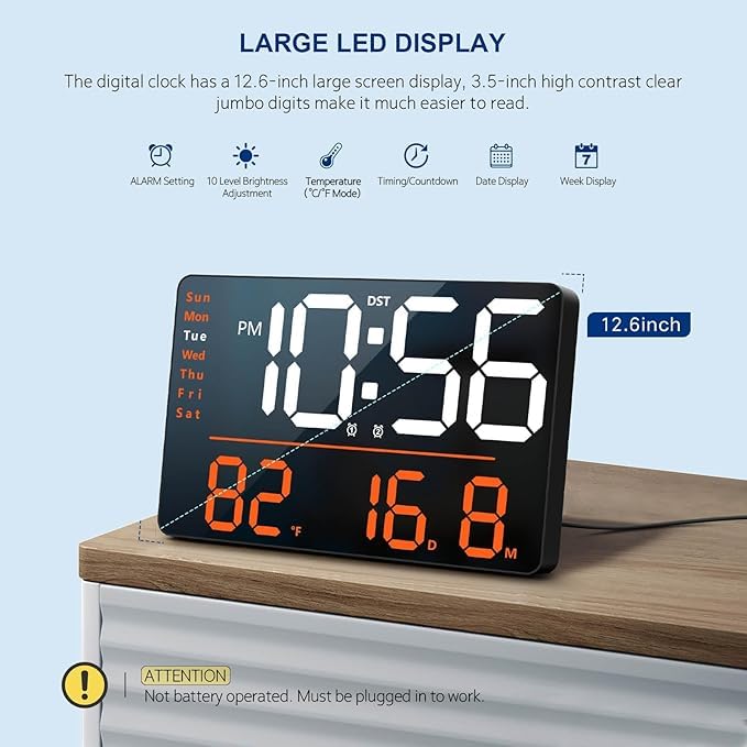 ZYOZ LED Large Digital Wall Clock Remote Control Temperature Date Week Display Adjustable Brightness Modern Living Room Alarms Clocks Digital Wall Clock Rectangle Main image