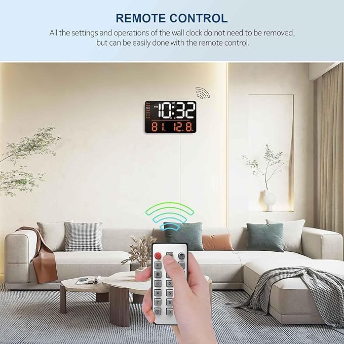 ZYOZ Digital Wall Clock Large Display with Remote Control Corded LED Alarm with Date Week Temp Humidity Auto Countdown for Living Room Bedroom Classroom Office (Orange) (6665 Blue) Secondary image