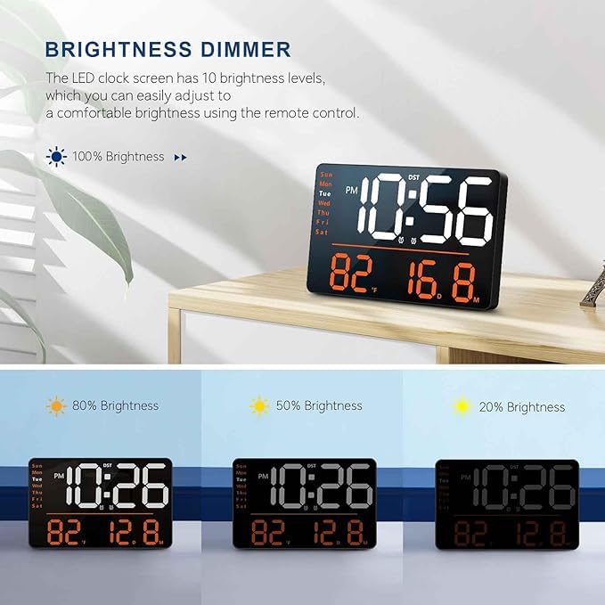 LED Large Digital Wall Clock Remote Control Temperature Date Week Display Adjustable Brightness Modern Living Room Alarms Clocks Digital Wall Clock Rectangle