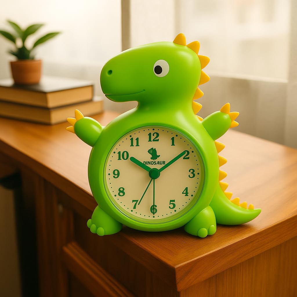Dinosaur Shape Alarm Clock for Kids | Cute Analog Table Clock with Loud Alarm – Green