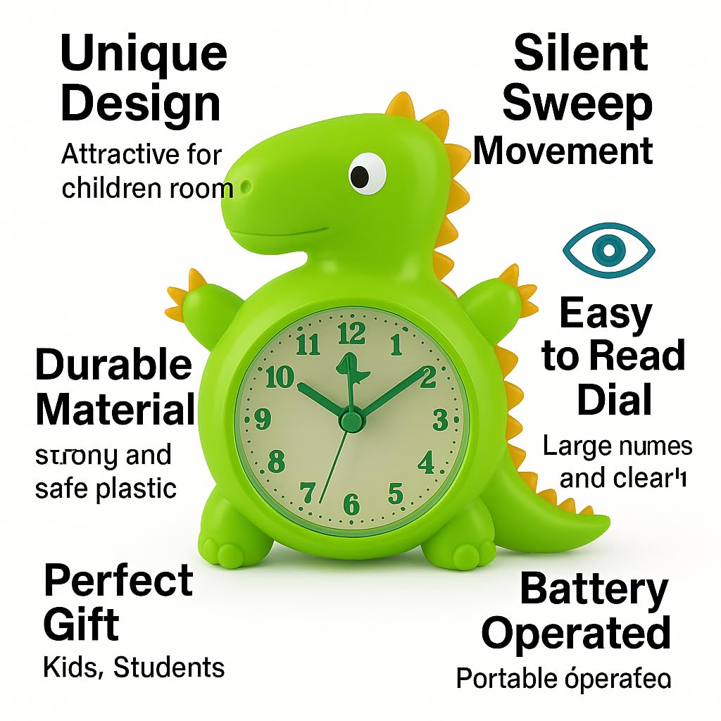 Dinosaur Shape Alarm Clock for Kids | Cute Analog Table Clock with Loud Alarm – Green