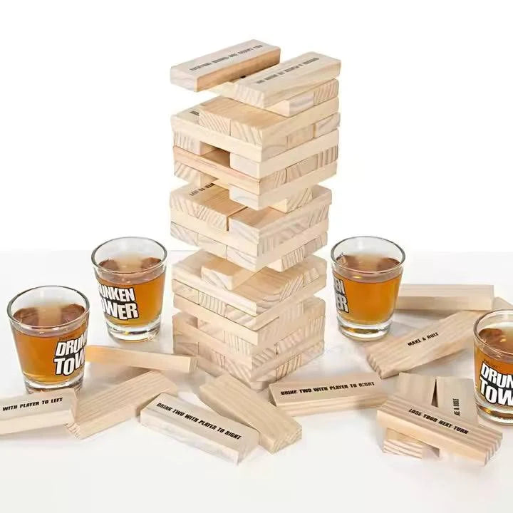 Drink Tower  Wood Drunken Tower The Grab A Piece Drinking Game with Shot Glasses