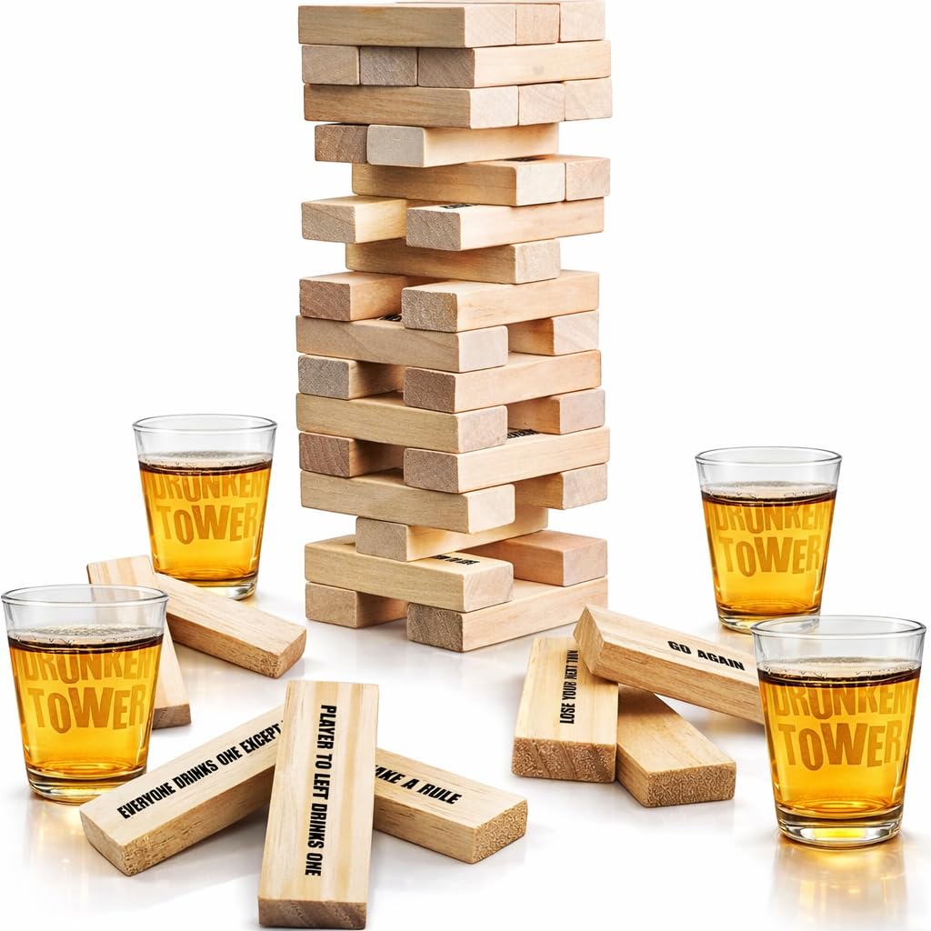 Drink Tower  Wood Drunken Tower The Grab A Piece Drinking Game with Shot Glasses