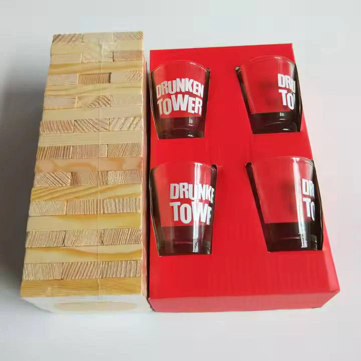 Drink Tower  Wood Drunken Tower The Grab A Piece Drinking Game with Shot Glasses