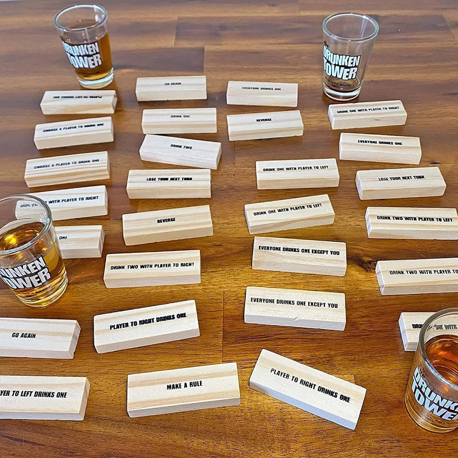Drink Tower  Wood Drunken Tower The Grab A Piece Drinking Game with Shot Glasses