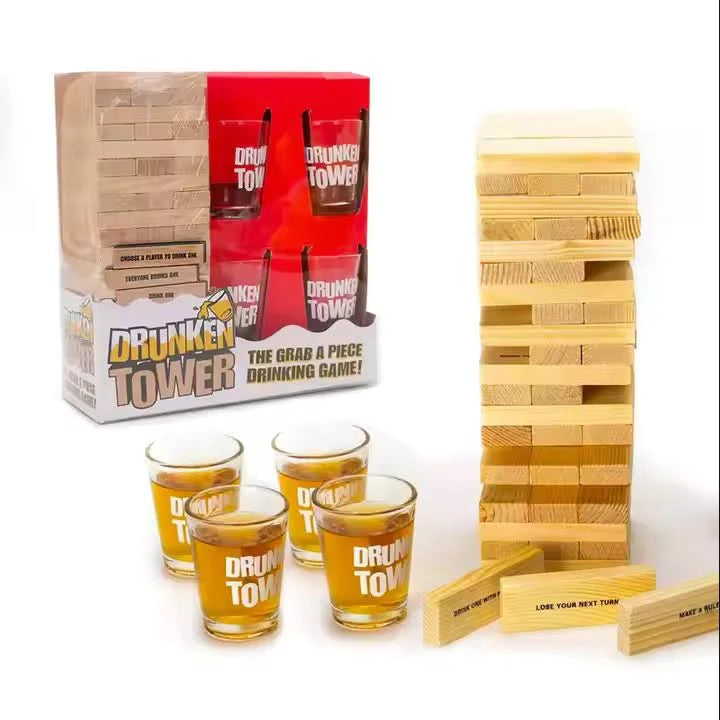 Drink Tower  Wood Drunken Tower The Grab A Piece Drinking Game with Shot Glasses