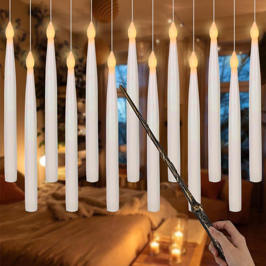 ZYOZ  Flameless Taper Floating Candles with Magic Wand Remote, Flickering Warm Light, Battery Operated