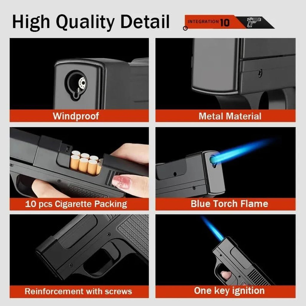Gun Shape Cigarette Case Lighter – Jet Flame Torch Lighter with Stylish Gun Shape, Portable & Refillable, Unique Gift for Smokers, Compact Cigar and Cigarette Lighter