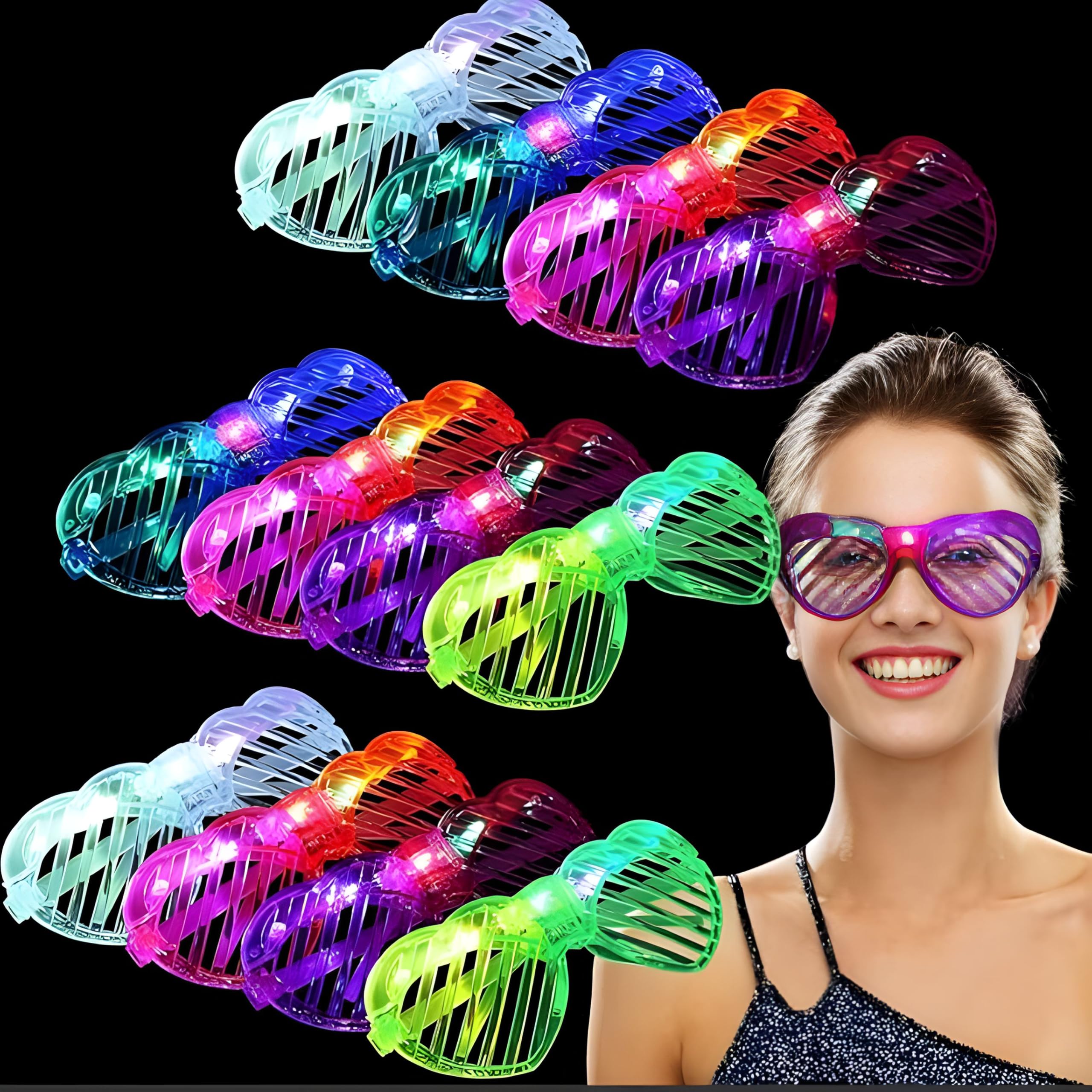 Light up Shutter Shades Heart,Led Neon Rave SunGlasses,Eyeglass,Flashing Sunglasses for Neon & Bachelorette Glow in Dark Christmas Sunglasses (random colour)