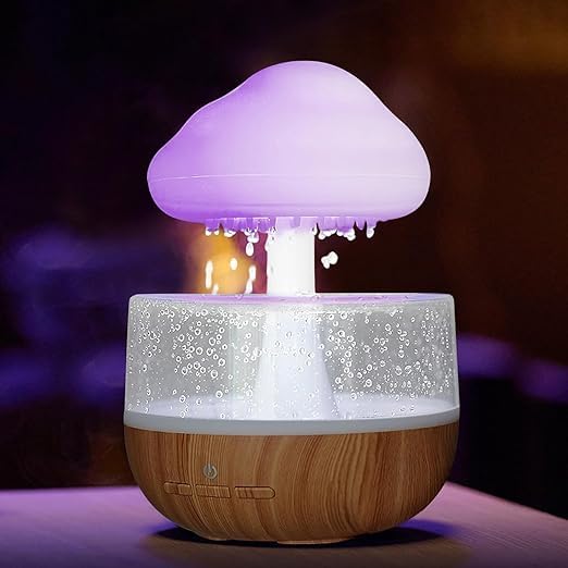 Rain Cloud Humidifier with LED Light & Waterfall Effect | Cute Mushroom Cloud Diffuser for Bedroom, Office, Plants | Aromatherapy, 7 Colors, USB Powered – 1PCS