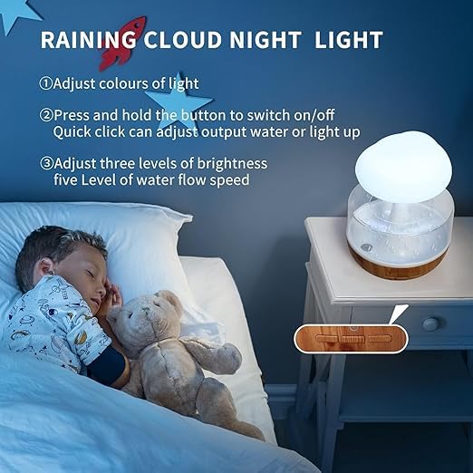 Rain Cloud Humidifier with LED Light & Waterfall Effect | Cute Mushroom Cloud Diffuser for Bedroom, Office, Plants | Aromatherapy, 7 Colors, USB Powered – 1PCS