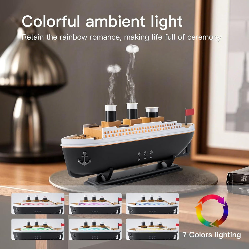 Titanic Humidifier 250ml, Essential Oil Diffuser Cool Mist Ultrasonic Aroma Aromatherapy Diffuser with Remote Control 7 Light 2 Mist Mode Auto Shut-Off for Bedroom Office Hotel(Black White)
