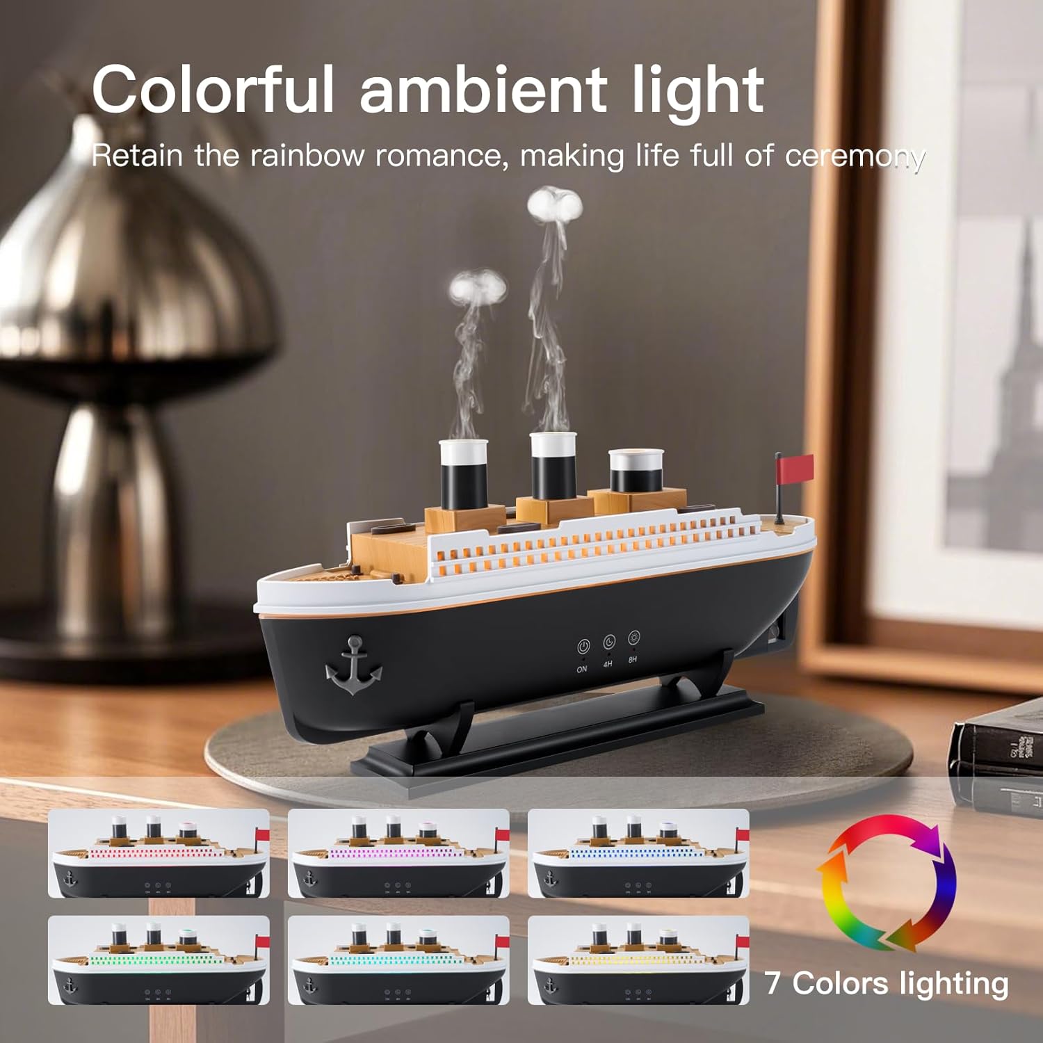 Titanic Humidifier 250ml, Essential Oil Diffuser Cool Mist Ultrasonic Aroma Aromatherapy Diffuser with Remote Control 7 Light 2 Mist Mode Auto Shut-Off for Bedroom Office Hotel(Black White)