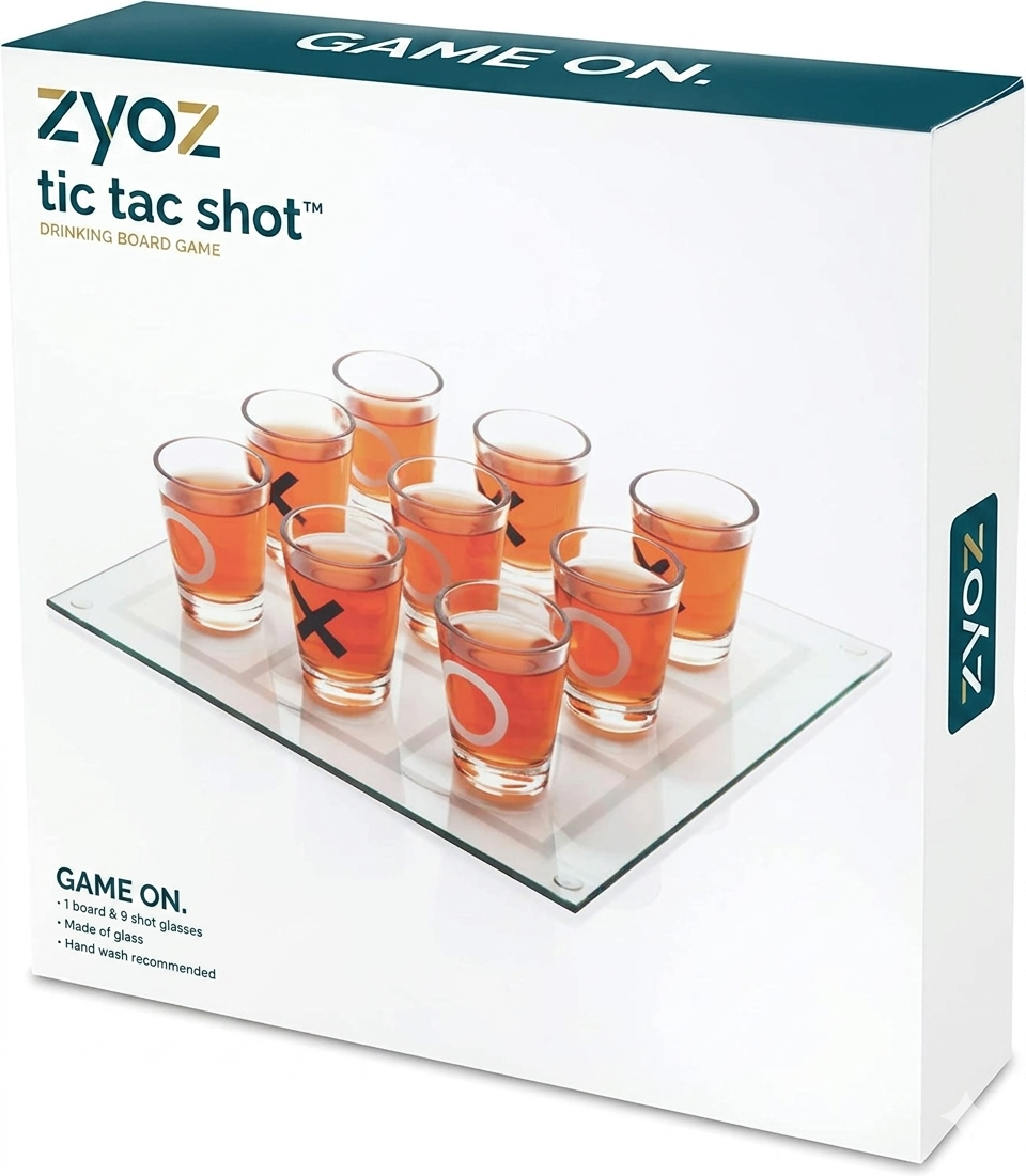ZYOZ Tic Tac Shot Drinking Board Game – Premium Glass Tic Tac Toe Shot Glass Game Set with 9 Shot Glasses & Gridded Glass Board | Fun Party Games for Adults, College Apartment Essentials & Bar Decor