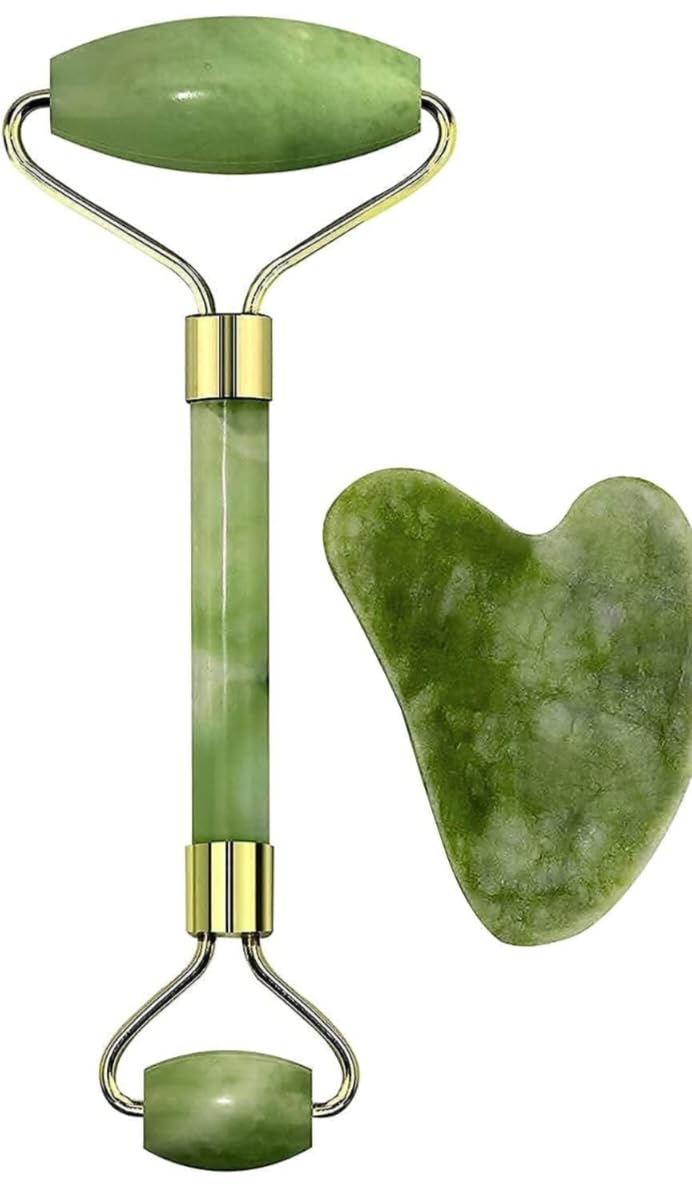 Jade Roller & Gua Sha Facial Massager – Natural Himalayan Stone Face Roller for Skin Care, Anti-Aging, Wrinkle Reduction & Serum Application | Relaxing Face & Neck Massage Tool (Green)