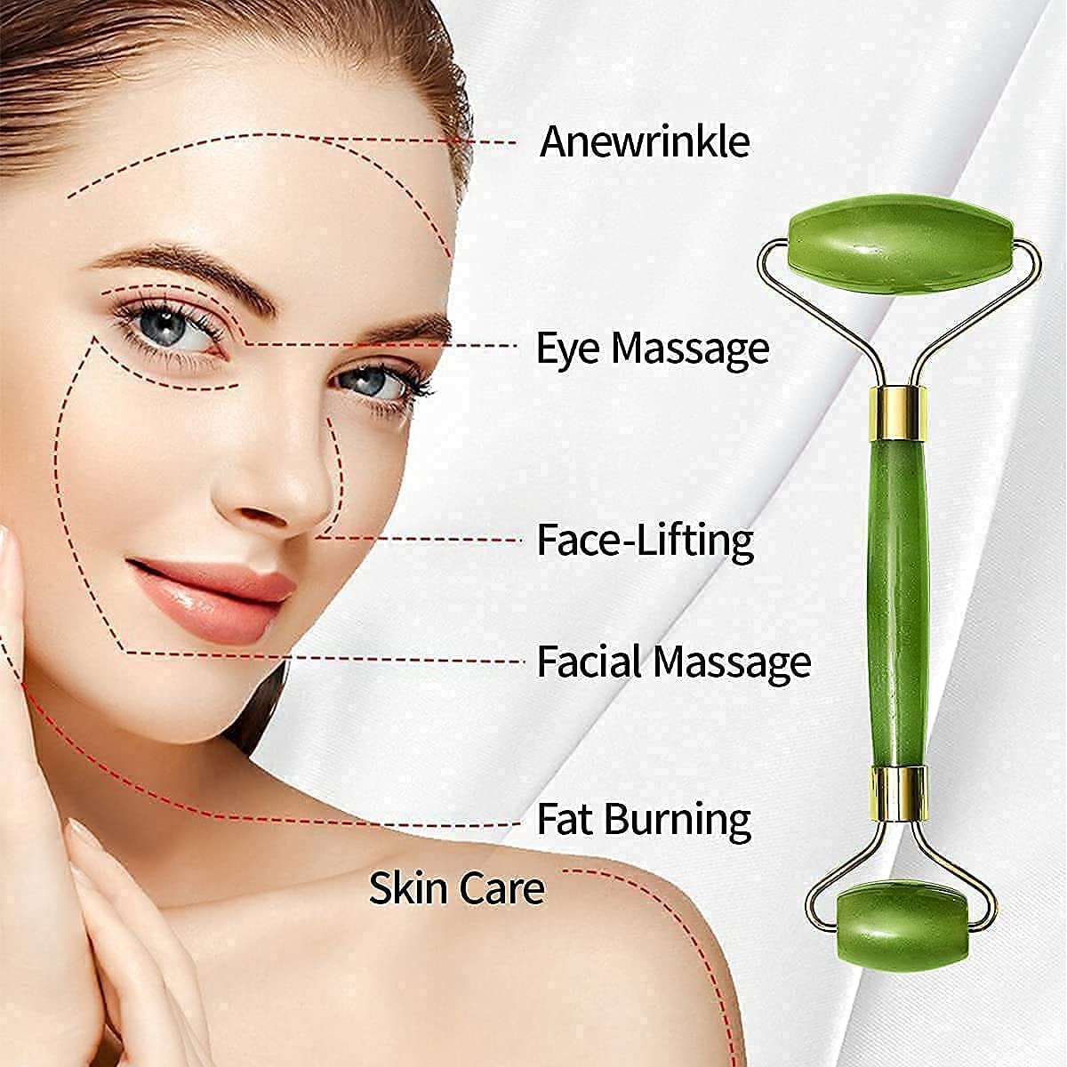 Jade Roller & Gua Sha Facial Massager – Natural Himalayan Stone Face Roller for Skin Care, Anti-Aging, Wrinkle Reduction & Serum Application | Relaxing Face & Neck Massage Tool (Green)