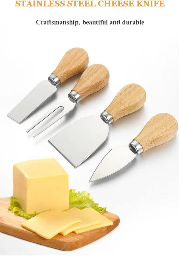 4-Piece Stainless Steel Cheese Knife Set - Slicer, Cutter, Fork & Flat Knife for All Cheese Types - Jam and Butter Knives with Wooden Handles, Ideal for Home, Kitchen, Restaurant & Baking Tools Secondary image