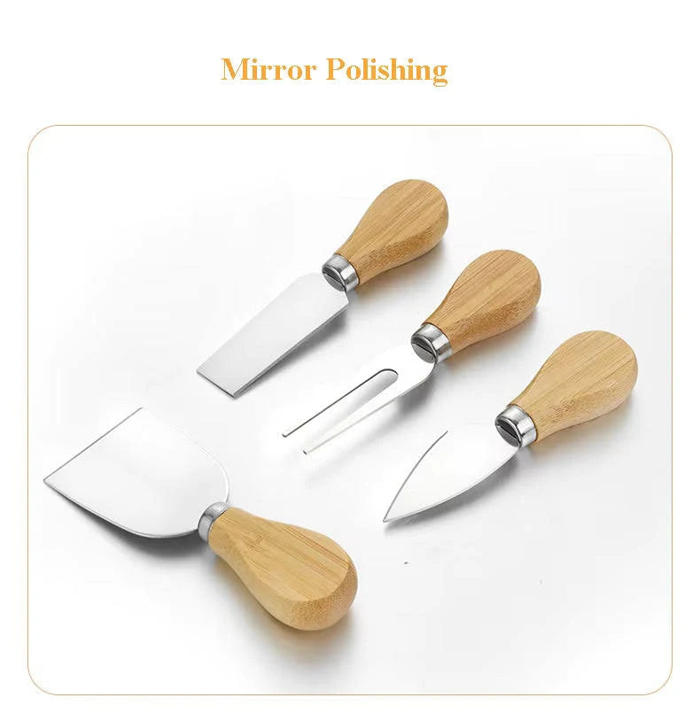 4-Piece Stainless Steel Cheese Knife Set - Slicer, Cutter, Fork & Flat Knife for All Cheese Types - Jam and Butter Knives with Wooden Handles, Ideal for Home, Kitchen, Restaurant & Baking Tools Main image