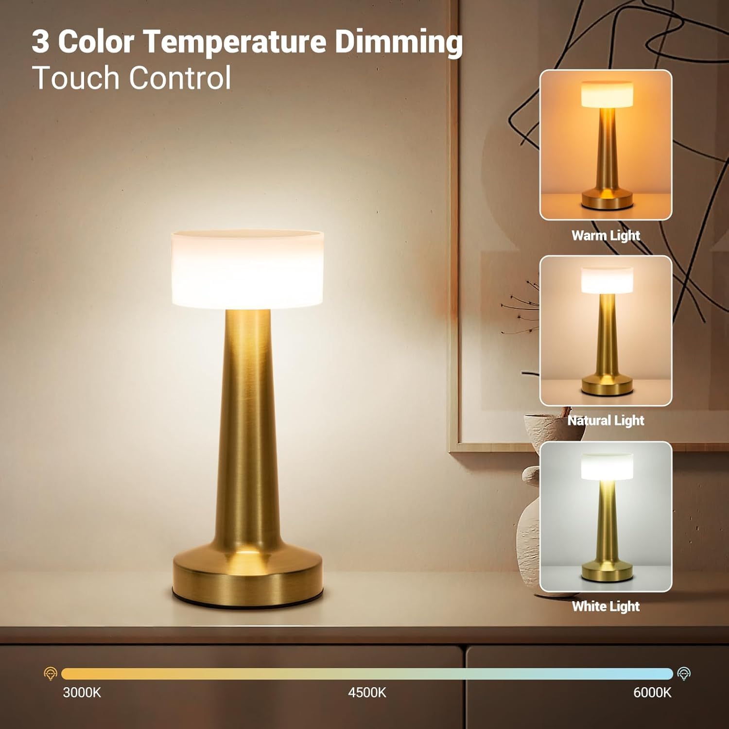 ZYOZ Portable LED Table Lamp for Bedroom, Living Room, Stepless Dimming, 3 Colour Touch Control Metallic Finish Rechargeable Battery Backup Night Light, Bedside Table Lamp Secondary image