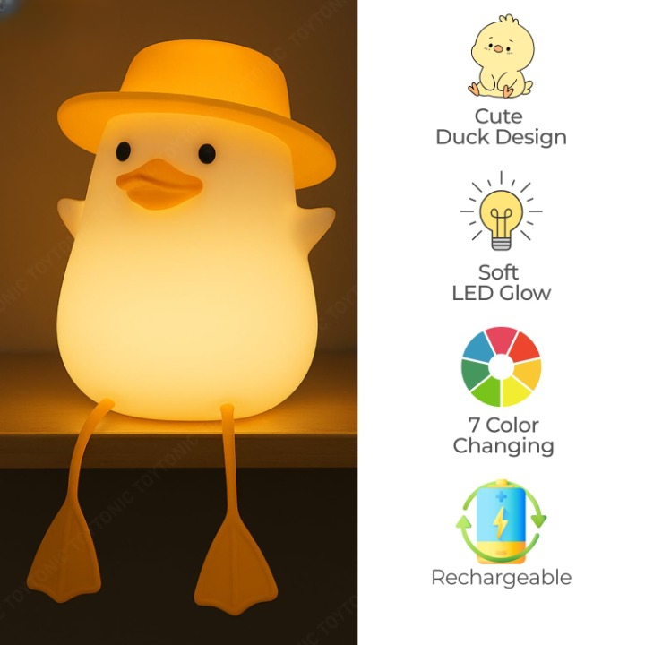 ZYOZ Silicone Duck Night Lamp Soft LED Bedside Light with Touch Control & 7-Color Changing, USB Rechargeable Nursery Lamp for Kids Bedroom, Cute Animal Shape Baby Nightlight & Gift, Mobile Holder