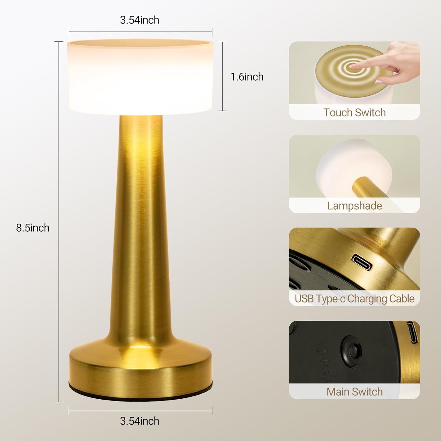 ZYOZ Portable LED Table Lamp for Bedroom, Living Room, Stepless Dimming, 3 Colour Touch Control Metallic Finish Rechargeable Battery Backup Night Light, Bedside Table Lamp