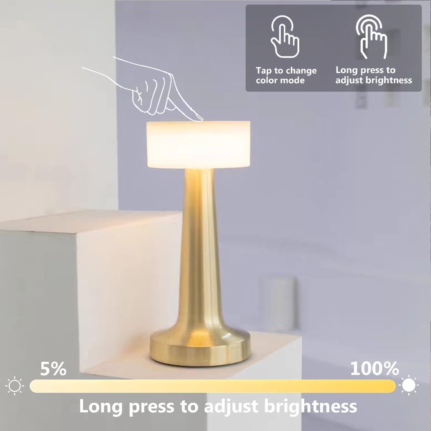 ZYOZ Portable LED Table Lamp for Bedroom, Living Room, Stepless Dimming, 3 Colour Touch Control Metallic Finish Rechargeable Battery Backup Night Light, Bedside Table Lamp