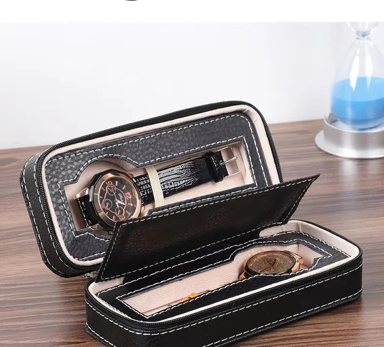 PU leather wrist watch box Watch Storage Case And Watch Organizer Display Collection Box With Transparent Glass For Men's & Women's Gift (2 watch zipper pouch)