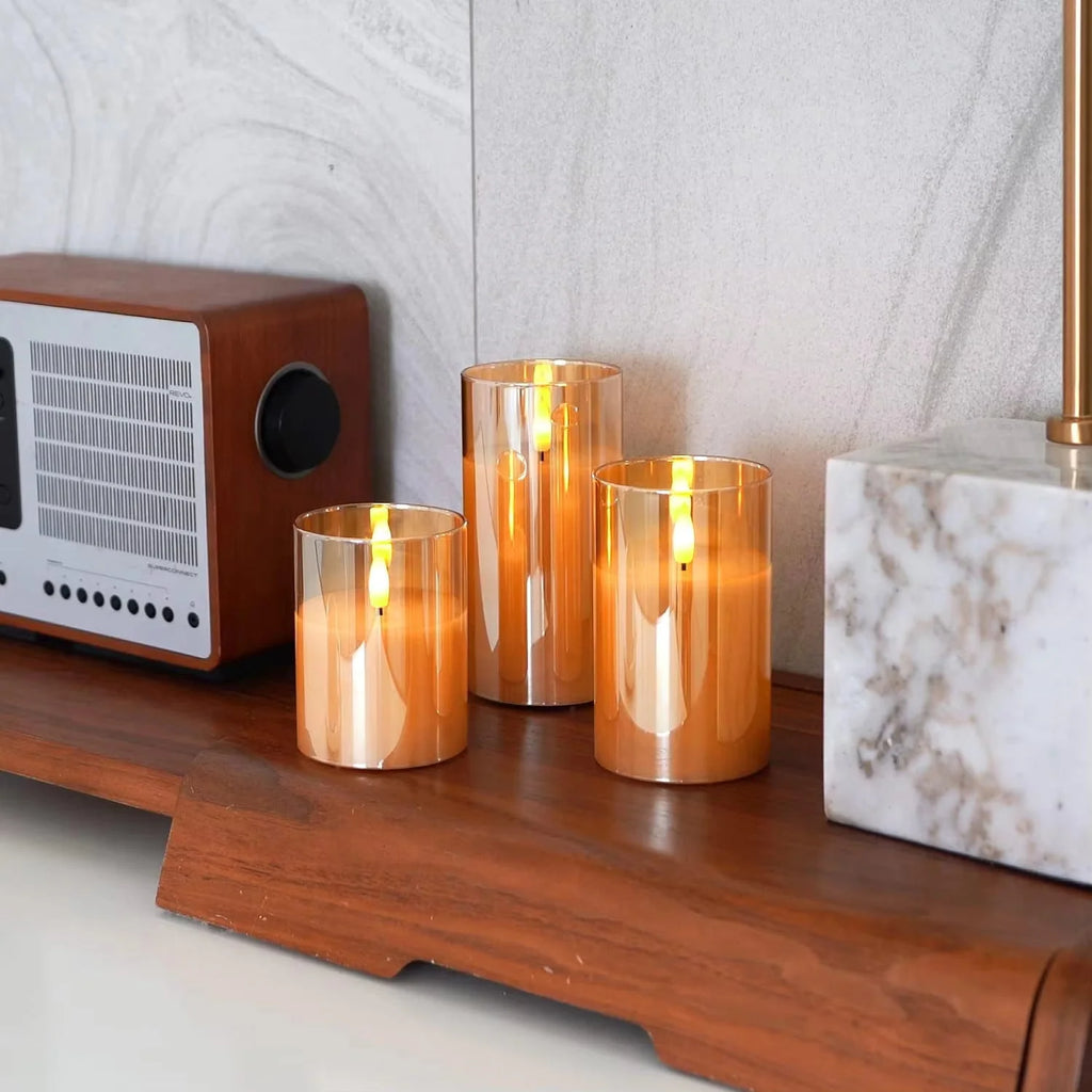 Flameless LED Candles with Remote Controller & Timer|Golden Acrylic Fiber Glass|Set of 3|